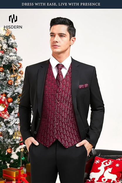 HISDERN Men's Suit Vest Christmas Holiday Season Party Jacquard Waistcoats Necktie Pocket Square Vest Suit Set
