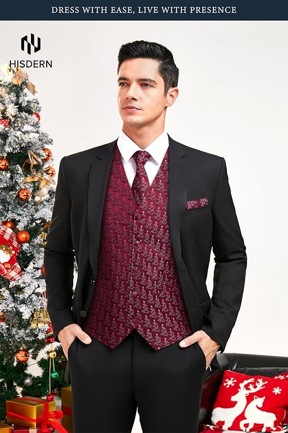 HISDERN Men's Suit Vest Christmas Holiday Season Party Jacquard Waistcoats Necktie Pocket Square Vest Suit Set