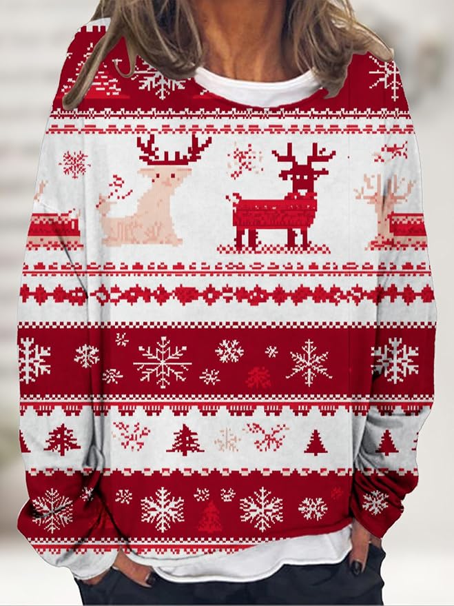 LOAIHA Christmas Shirts for Women Crewneck Snowman Snowflake Santa Graphic Shirts Christmas Tree Long Sleeve Xmas Hoodie