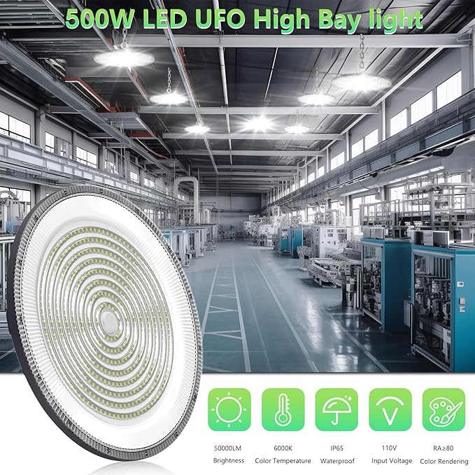 UFO LED High Bay Light:500W 50000LM LED Shop Light 6500K Bay Lighting IP65 Waterproof for Barn/Garage/Commercial Warehouse(1Pack)