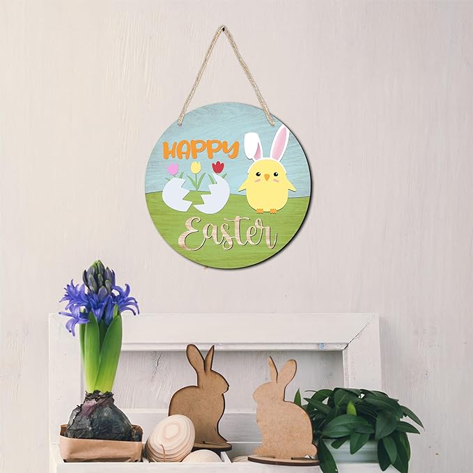 10" Easter Round Wooden Hanging Sign With Sisal Rope - Happy Easter - Chick And Bunny Ear Wooden Plaque For Front Door, Porch, Outdoor Indoor, Farmhouse Wall Decor Party Favor & Decorations - B01