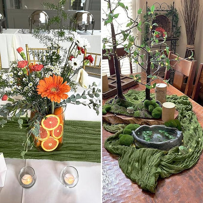 10 Packs Olive Green Cheese Cloth Table Runners, 10FT Boho Gauze Moss Green Cheesecloth Table Runner for Wedding Bridal Baby Shower Fall Thanksgiving Christmas Table Decoration