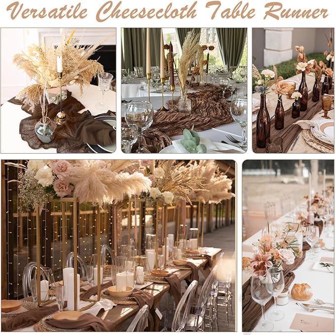6 Pack Brown Cheesecloth Table Runner 35x120 Inch Gauze Coffee Table Runner Rustic Boho Cheese Cloth Sheer Runner for Wedding Baby Shower Bridal Shower Birthday Party Decorations