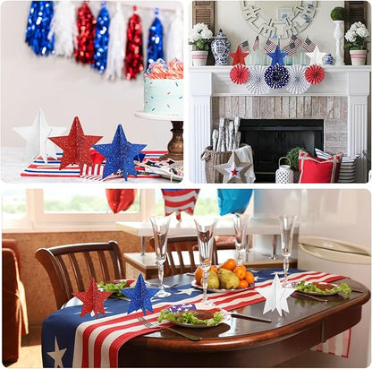 COCHIE 6 Inch Labor Day Decorations Wooden Stars Set, 3D Glitter Star Memorial Day Tiered Tray Decor, 4th of July Red White Blue Patriotic Decoration for Home Table Desk Door Shelf (Solid, 3 Pcs)