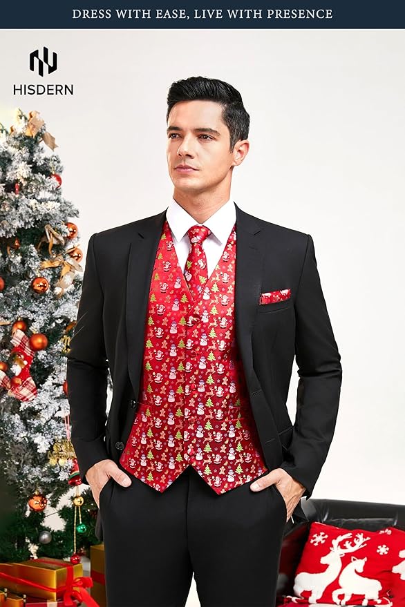 HISDERN Men's Suit Vest Christmas Holiday Season Party Jacquard Waistcoats Necktie Pocket Square Vest Suit Set