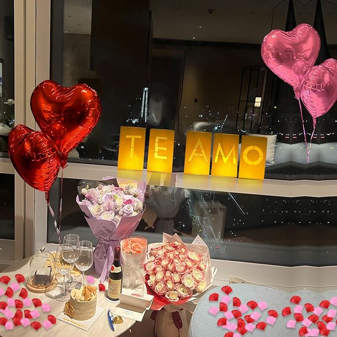 Te Amo Lighted Letters Sign 17pcs Luminary Paper Bags 2200pcs Red Pink Artificial Rose Petals 48pcs Flameless LED Candle Tealight 15pcs Heart Balloons Romantic Night Valentine's Day