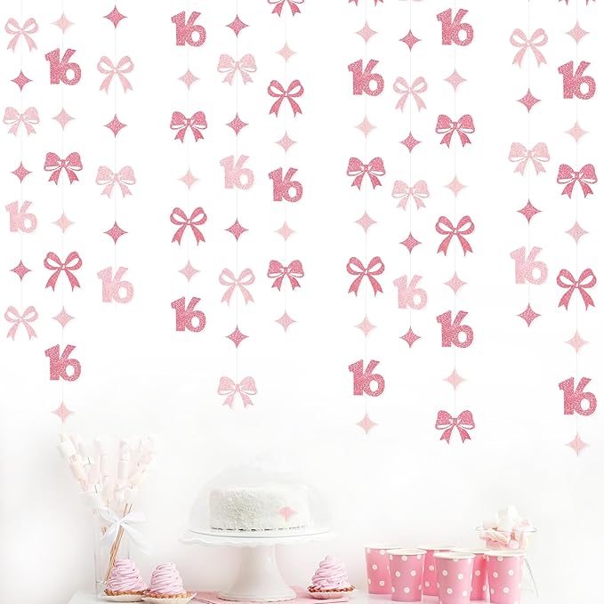 Glitter Pink 16th Bow Birthday Decorations Hot Pink Conquette Bow Garland Streamer Banner Backdrop for Girls Boys Happy 16th Birthday Sweet Sixteen Cheers to 16 Years Old Anniversary Party Supplies