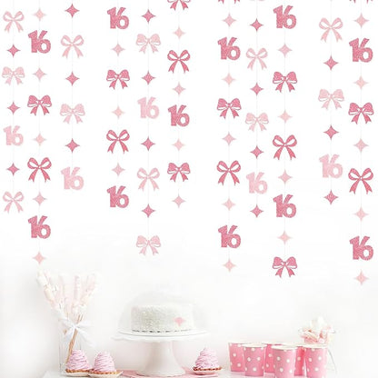 Glitter Pink 16th Bow Birthday Decorations Hot Pink Conquette Bow Garland Streamer Banner Backdrop for Girls Boys Happy 16th Birthday Sweet Sixteen Cheers to 16 Years Old Anniversary Party Supplies