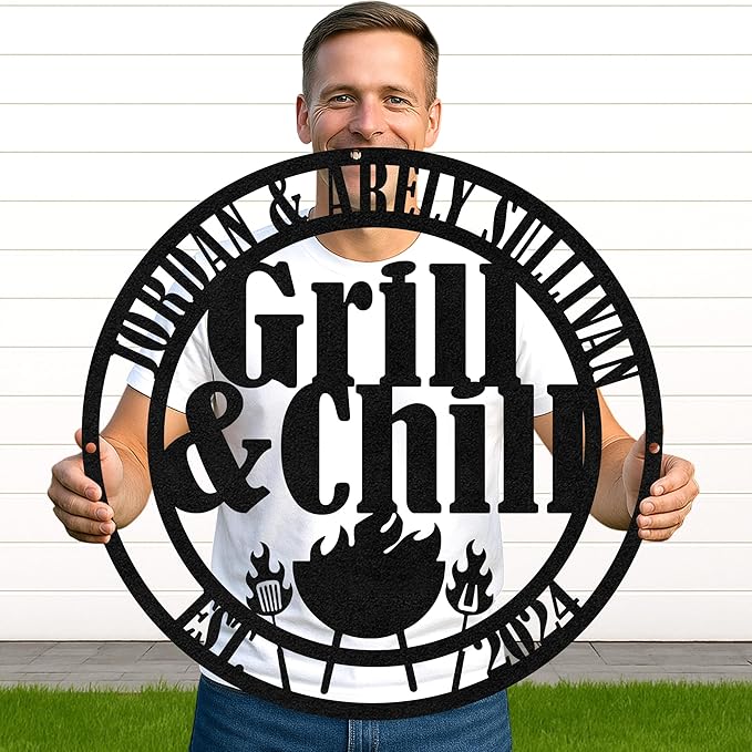 Custom Grill BBQ Metal Sign, Personalized Name Cut Wall Art for Outdoor Kitchen, Backyard Patio, Rustic Barbecue Gift