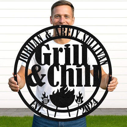 Custom Grill BBQ Metal Sign, Personalized Name Cut Wall Art for Outdoor Kitchen, Backyard Patio, Rustic Barbecue Gift