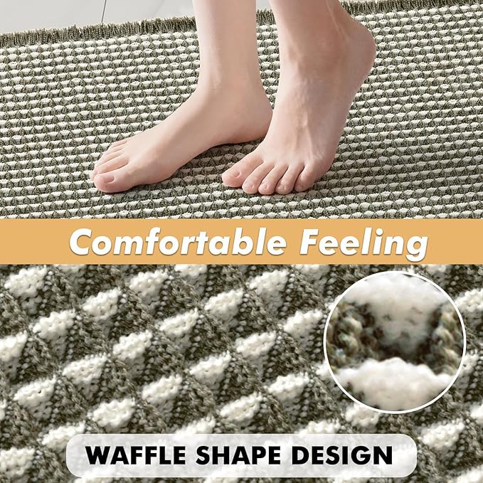 MIULEE Set of 2 Waffle Bathroom Rugs, Boho Bath Rugs Non Slip Washable, Super Absorbent Bath Mats, Ultra Soft Rubber Backed Shower Mats for Bathroom Floor, Tub, Green & Cream, 18x30 Inch