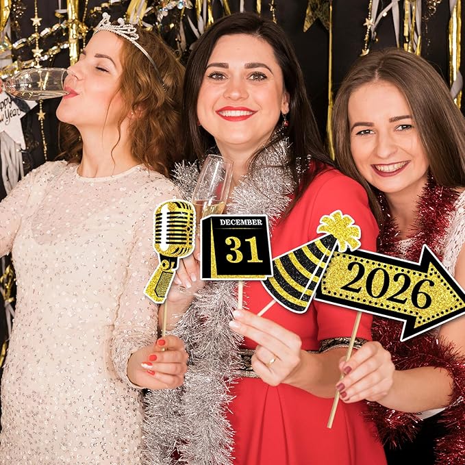 2026 Happy New Years Photo Booth Props, Black Gold New Years Eve Photo Props for 2026 New Year Eve Party Favor Supplies Decorations (24Pcs)