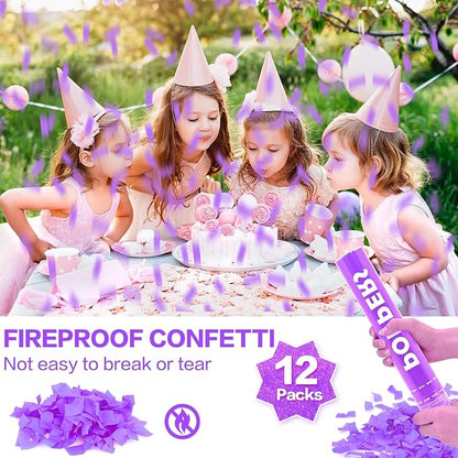 Confetti Cannon 12Pack Purple Party Popper Shooters 12 Inch Confftti Poppers for Wedding Birthday Graduation Christmas New Year Eve Party Supply Launches 20-25ft