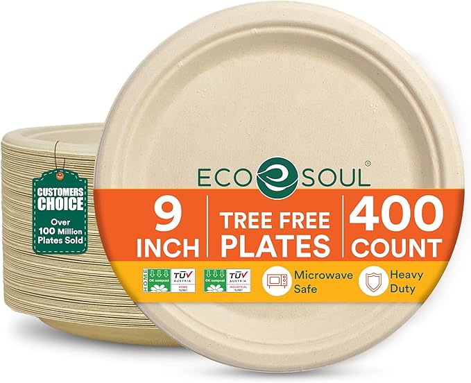 ECO SOUL Compostable 9 Inch(400-Pack) Biodegradable Heavy-Duty Disposable Eco-Friendly Paper Plates for Thanksgiving Dinner & Parties, Wedding, Event