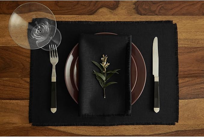 Solino Home Linen Black Placemats Set of 4 - 100% Pure Linen Placemats 14 x 19 Inch for Christmas, New Year - Fringe