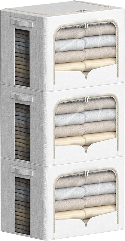 FHSQX 3 Pack Clothes Storage Bins Foldable Metal Frame Storage Box Stackable Linen Fabric Container Organizer Set with Carrying Handles and Clear Window (Cream White, 15.7x11.8x11.8inch(36L))