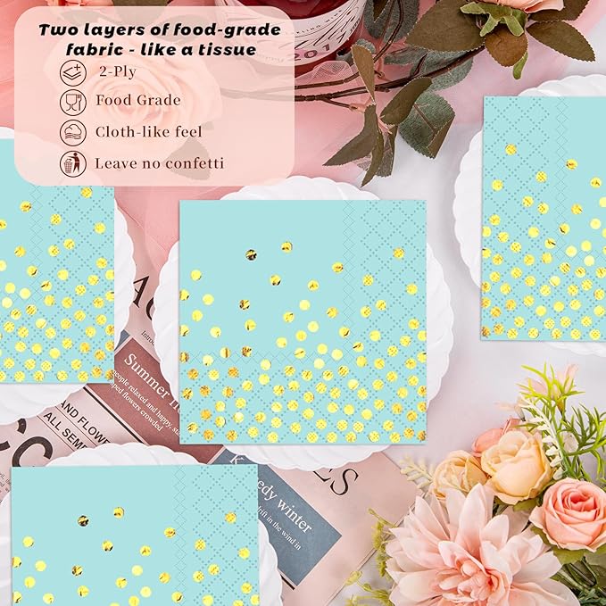 100 Pack 6.5x6.5 Inch Disposable Blue Gold Paper Napkins