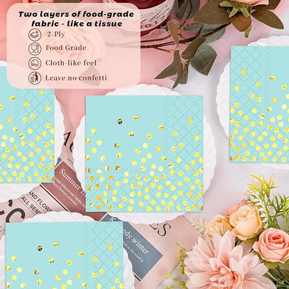 100 Pack 6.5x6.5 Inch Disposable Blue Gold Paper Napkins
