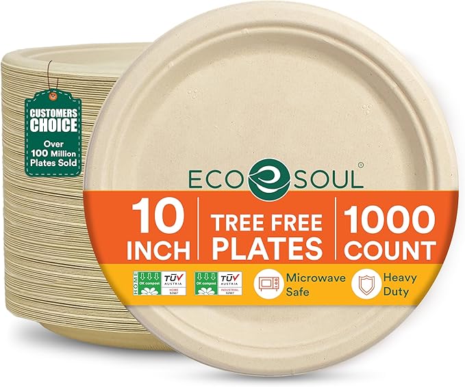 ECO SOUL 100% Compostable Paper Plates 10 Inch [1000-Pack] Biodegradable Heavy Duty Eco-Friendly Disposable Plates for Thanksgiving Dinner, Parties, Wedding & Event