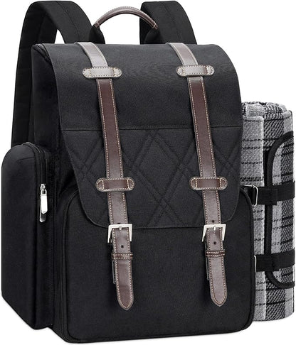 Picnic Backpack for 2 Person with Large Insulated Cooler Bag, Picnic Basket Set with Wine Pouch, Waterproof Picnic Blanket & Cutlery Set. Perfect for Camping, Party,Wedding Gift for Couple.2P-Black