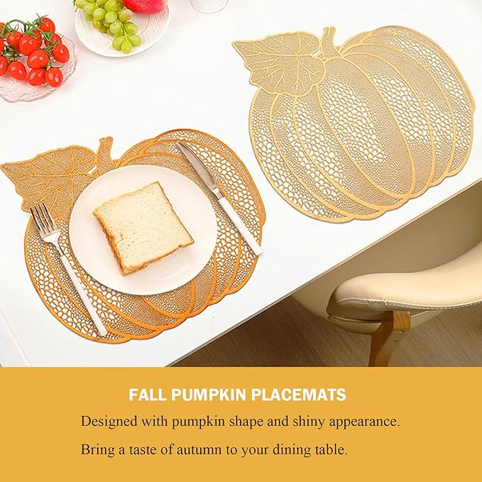 Fall Pumpkin Placemats, Set of 6 Halloween Thanksgiving Placemats, Autumn Harvest Place Mats Home Table Decorations, Orange