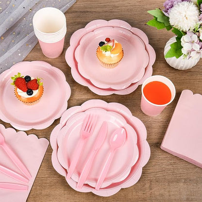 400 Pcs Pink Paper Plates and Napkins Set Party Supplies, Tableware set for 50 Guest include Disposable Pink Scalloped Plates Napkins Knives Forks Spoons Cups for Baby Shower Bridal Shower Wedding
