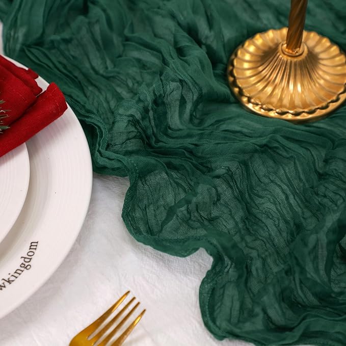Snowkingdom Emerald Green Table Runner 120 Inch 10 Ft Rustic Boho Dark Green Cheese Cloth Runner for Wedding Bridal Baby Shower Birthday Party Christmas Sheer Gauze Home Table Centerpiece Deocrations