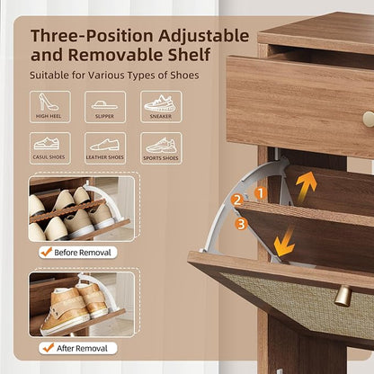 Nicetree Shoe Cabinet Storage for Entryway, 4-Flip Drawer Narrow Shoe Rack, Organic Modern Rattan Shoe Organizer with Gold Legs, Shoe Organizer Fits Men's Size 13.5, Toasted Caramel Walnut