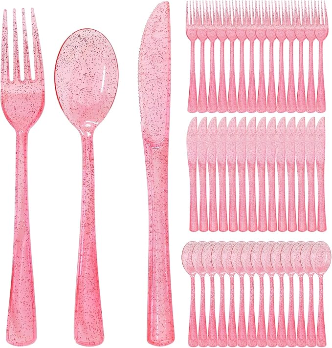 300 Pcs Pink Silverware Set Heavy Duty Pink Plastic Silverware - 100 Forks, 100 Knives, 100 Spoons for Brithday, Wedding, Baby Shower, Bridal Shower