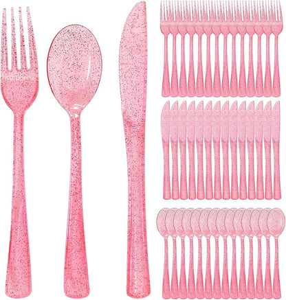 300 Pcs Pink Silverware Set Heavy Duty Pink Plastic Silverware - 100 Forks, 100 Knives, 100 Spoons for Brithday, Wedding, Baby Shower, Bridal Shower