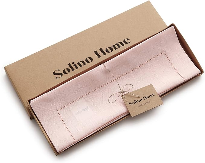 Solino Home Linen Cloth Placemats Set of 6-100% Pure Linen Hemstitch Pink Placemats 14 x 19 Inch - Classic Hemstitch Table Place Mats