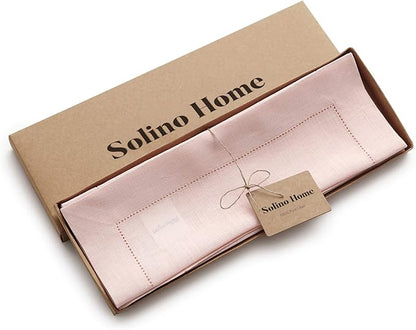 Solino Home Linen Cloth Placemats Set of 6-100% Pure Linen Hemstitch Pink Placemats 14 x 19 Inch - Classic Hemstitch Table Place Mats