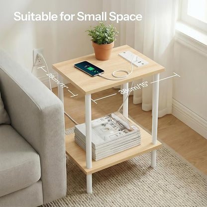 HOOBRO Side Table with Charging Station, Set of 2 End Tables with USB Port and Outlets, Nightstand with 2-Layer Storage Shelves for Small Spaces, Living Room, Bedroom, Natural and White WN09UBZP201