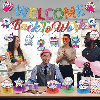 12pcs Welcome Back to Work Decorations Office Colorful So Glad You're Back To Work Banner and Hanging Swirls Table Centerpieces Office Party Supplies for Indoors Outdoors