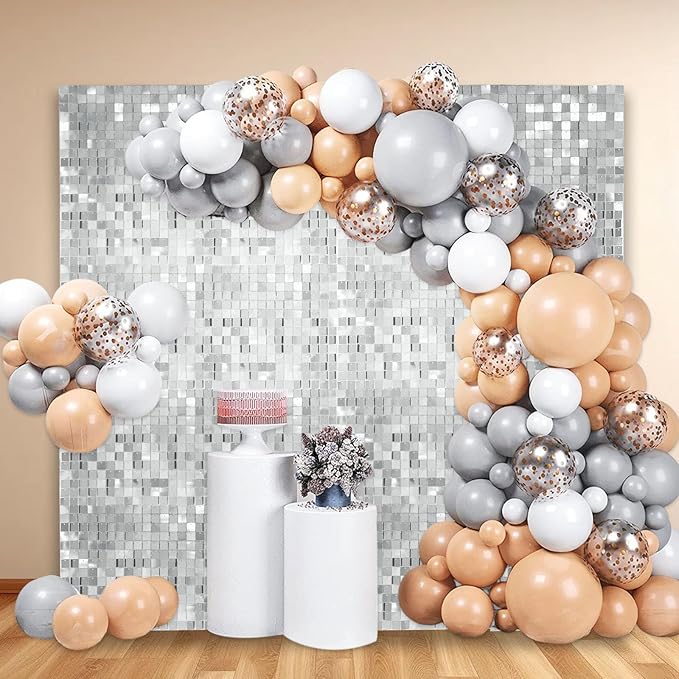 48 PCS Silver Shimmer Wall Backdrop, Square Sequin Photo Backdrops Panel, Glitter Wall Background for Birthdays, Weddings, Christmas, Engagements, Disco Bachelorette Party Decoration (6FTx8FT)