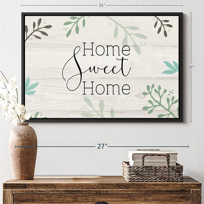 Elephant Stock Home Sweet Home Foliage Wall Art - Horizontal Floating Framed Canvas - 1-Piece Living Room Wall Decor - Leaf Digital Art Canvas Print - Beige and Black Decor for Wall by Susan Jill - 25" X 17"