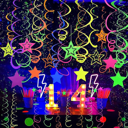 52 PCS UV Neon Rainbow Ceiling Swirl Decoration Hanging Neon Streamer for Ceiling Neon Garlands Black Light Neon Decorations for Dark Glow Party Supplies and Decorations Birthday Neon Party Favors