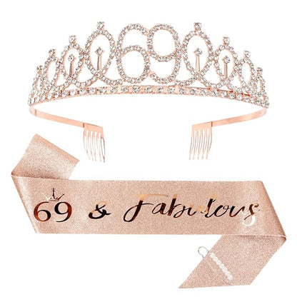 CIEHER 69th Birthday Crown + 69th Birthday Sash + Pearl Pin Set, 69 & Fabulous Birthday Sash, 69 Birthday Tiara, 69th Birthday Decorations for Women, 69th Birthday Gifts