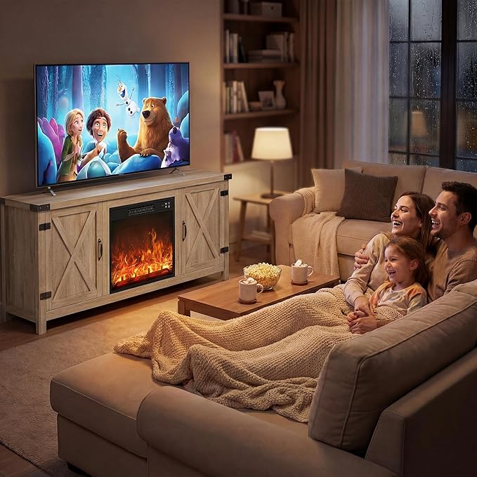 YESHOMY Fireplace TV Stand with Two Barn Doors and Storage Cabinets for Televisions up to 65+ Inch, Entertainment Center Console Table, Media Furniture for Living Room, 58 Inch, Yellow Oak