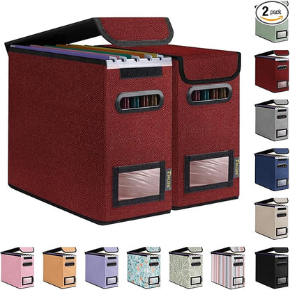 BALEINE File Organizer Box with Lid, Collapsible File Folder Organizer with Plastic Slide, Hanging File Folder Box for Office Document Storage (2 Pack, Red, S)