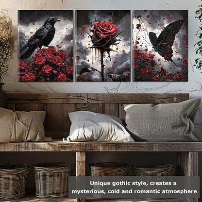 Framed Gothic Wall Art, Romantic Goth Decor, Spooky Dark Crow Flower Butterfly Aesthetic Pictures Decor for Bedroom Living Room Home(Framed, 12x16in, Set of 3, Ready to Hang)