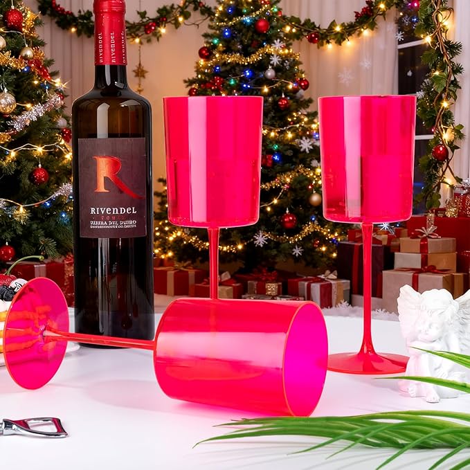 Ciaell 12 Pack Plastic Wine Glasses - 14Oz Hot Pink Plastic Wine Glasses With Stem - Disposable Stemmed Cups for Parties & Weddings