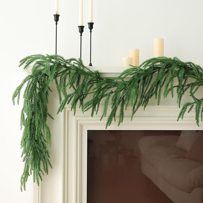 MIZII Christmas Garlands 6 Feet Artificial Norfolk Pine Garland Real Touch Green Pines Vine Greenery Garland Christmas Decoration for Xmas Fireplace Mantle Home Decor Indoor Outdoor (Norfolk Pine)