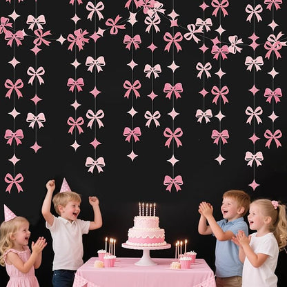 Pink Bow Decorations Pink Glitter Paper Star Bow Hanging Garland Streamer Banner for Coquette Birthday Bridal Shower Wedding Anniversary Bachelorette Engagement Baby Shower Party Decorations Supplies
