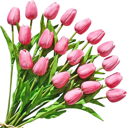 ONLY ART Artificial Pink Tulips 20 Pcs – 13.5 Inch PU Faux Flowers with Bendable Stems for Home Décor, Wedding Centerpieces, DIY Floral Arrangements, Table Decorations