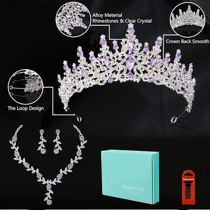 Kamirola Tiaras and Crowns for Women,Tiaras Earrings Necklace, Crystal Bridal Jewelry Set (TR48)