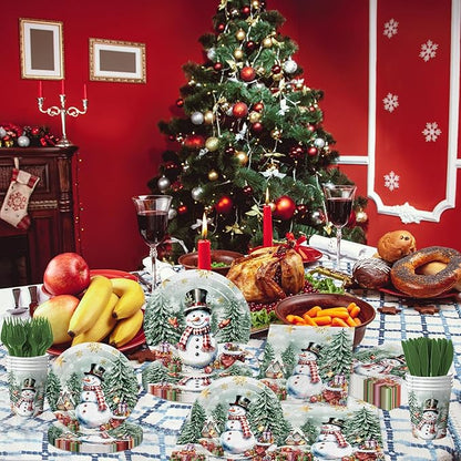 Vintage Christmas Decorations-144Pcs Snowman Plates and Napkins Retro Christmas Tree Snowman Tableware for Winter Holiday Xmas Party Supplies