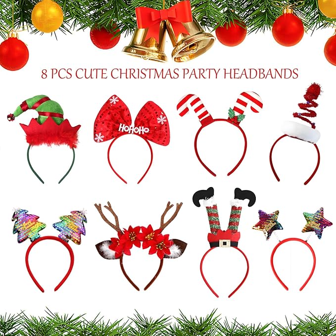 20 Pcs Christmas Headbands and Glasses Set, 12 Xmas Glasses & 8 Christmas Headbands for Photo Booth Props, Festive Party Supplies with Reindeer Xmas Tree Elf Santa Hats for Adults, Family Decor