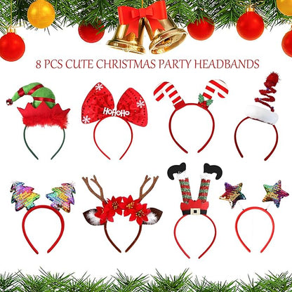 20 Pcs Christmas Headbands and Glasses Set, 12 Xmas Glasses & 8 Christmas Headbands for Photo Booth Props, Festive Party Supplies with Reindeer Xmas Tree Elf Santa Hats for Adults, Family Decor