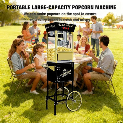 Black Vintage Commercial Popcorn Machine with Cart & Warmer Light - 12oz Stainless Steel Popper Makes 60 Cups for Theater, Parties & Home Use